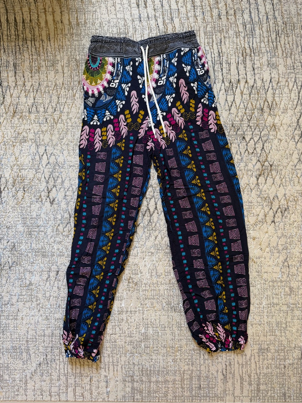 Women's Navy Boho-Print Elastic Waist Jogger Pants